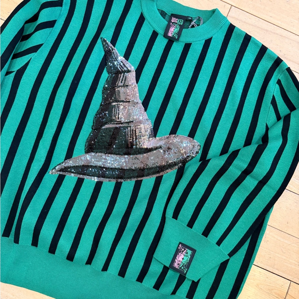 Queen of sparkles and wicked Elphaba hat Green and Black Striped Sweater